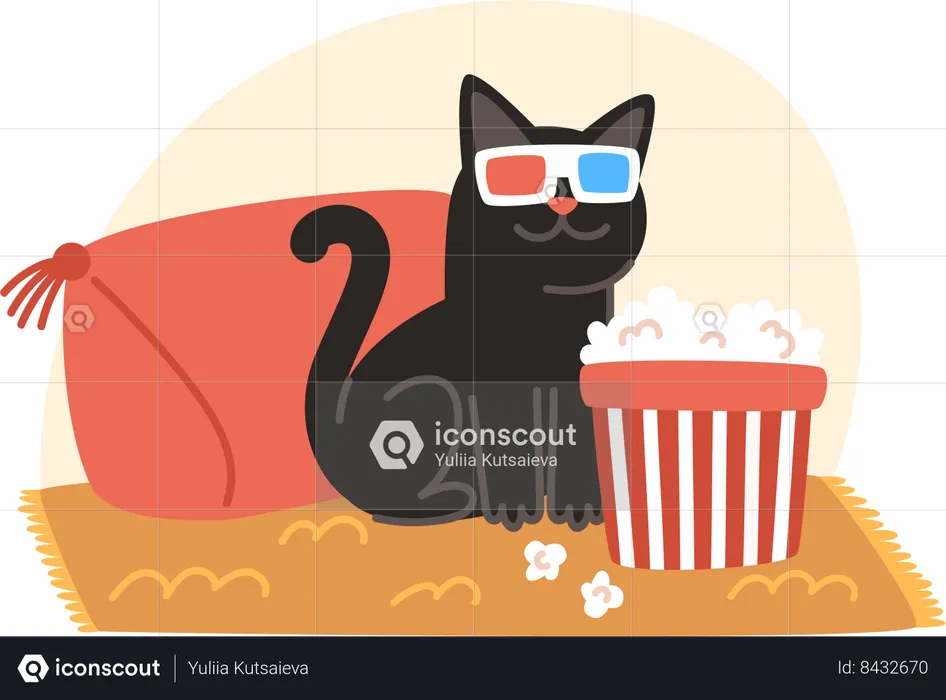 Cat wearing 3d glasses and eating popcorn while watching movie  Illustration