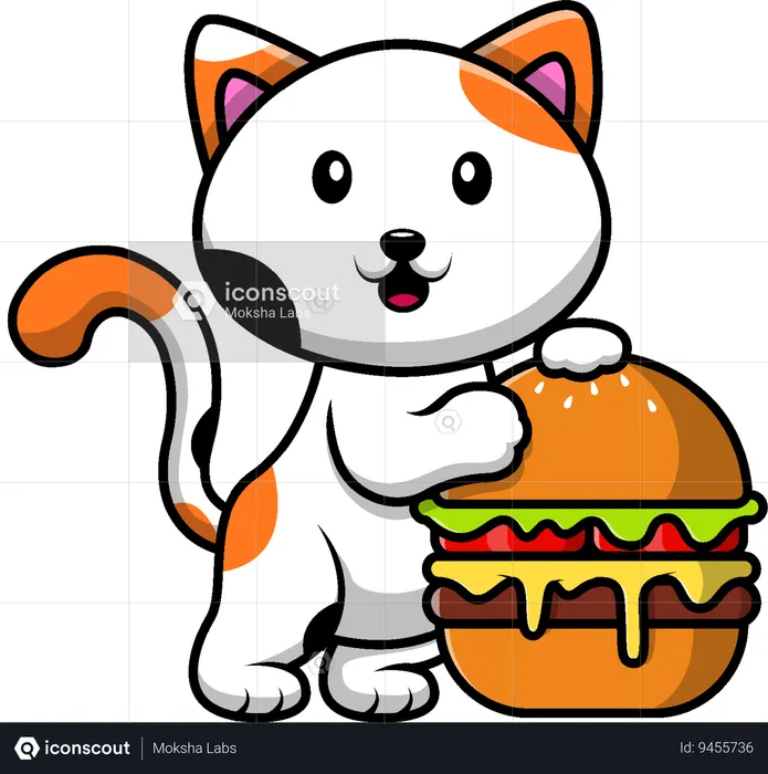 Cat With Big Burger  Illustration