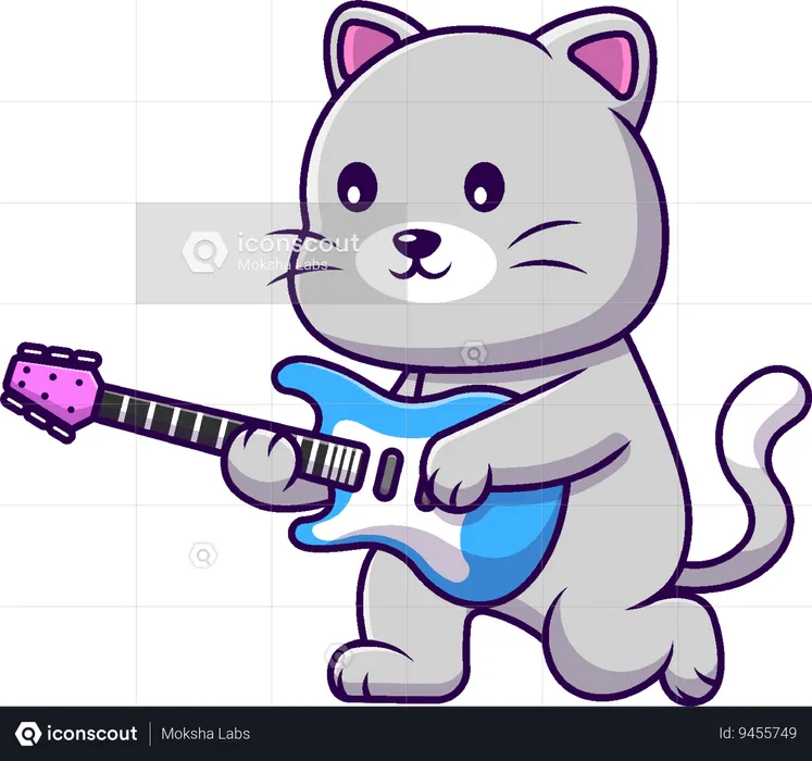 Cat With Electric Guitar  Illustration