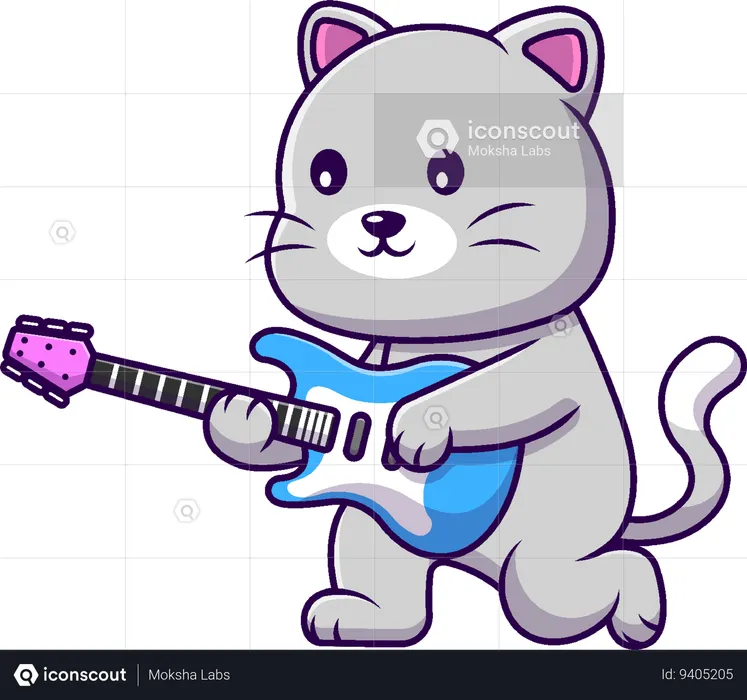 Cat With Electric Guitar  Illustration