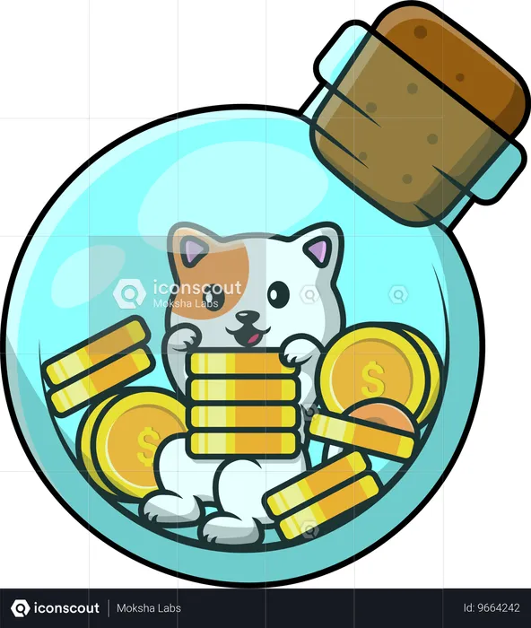 Cat With Gold Coin In Bottle  Illustration