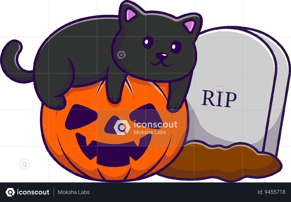 Cat With Pumpkin Halloween And Tombstone  Illustration