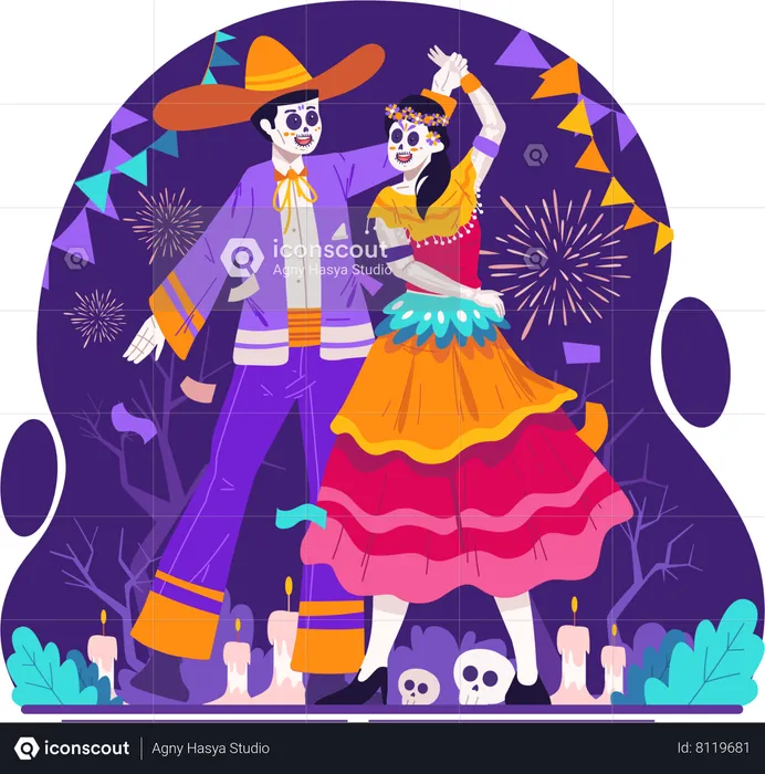 Catrina couple with traditional mexican costumes dancing together on day of dead  Illustration