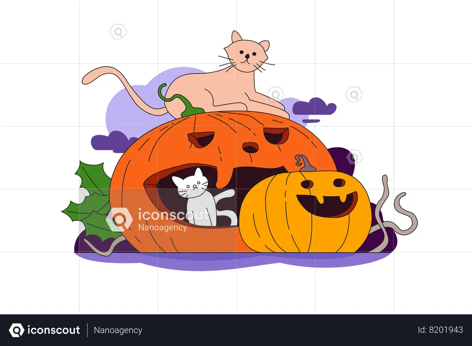 Cats and Pumpkins  Illustration