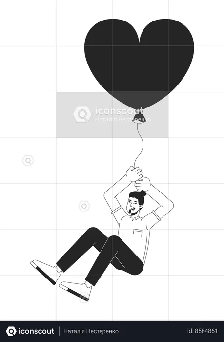 Caucasian adult man flying with balloon in hands  Illustration