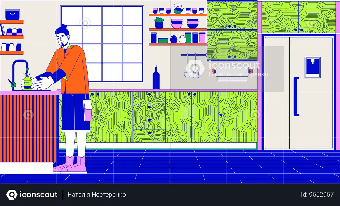 Caucasian man filling bottle with water at home  Illustration