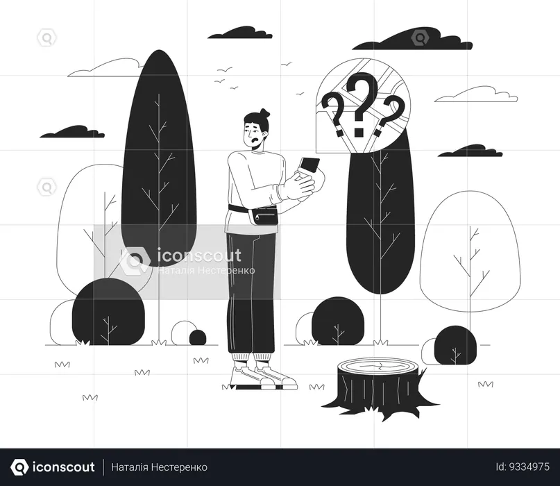 Caucasian man getting lost in forest  Illustration