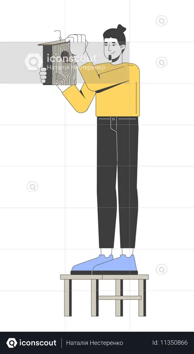 Caucasian man installing wooden birdhouse  Illustration