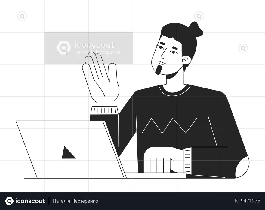 Caucasian man talking with laptop  Illustration