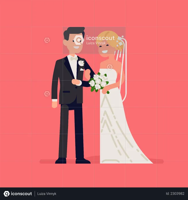 Caucasian newlyweds standing together wearing wedding dresses  Illustration