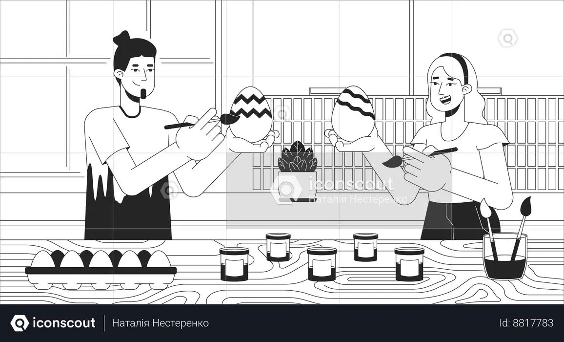 Caucasian people decorating eggs together  Illustration