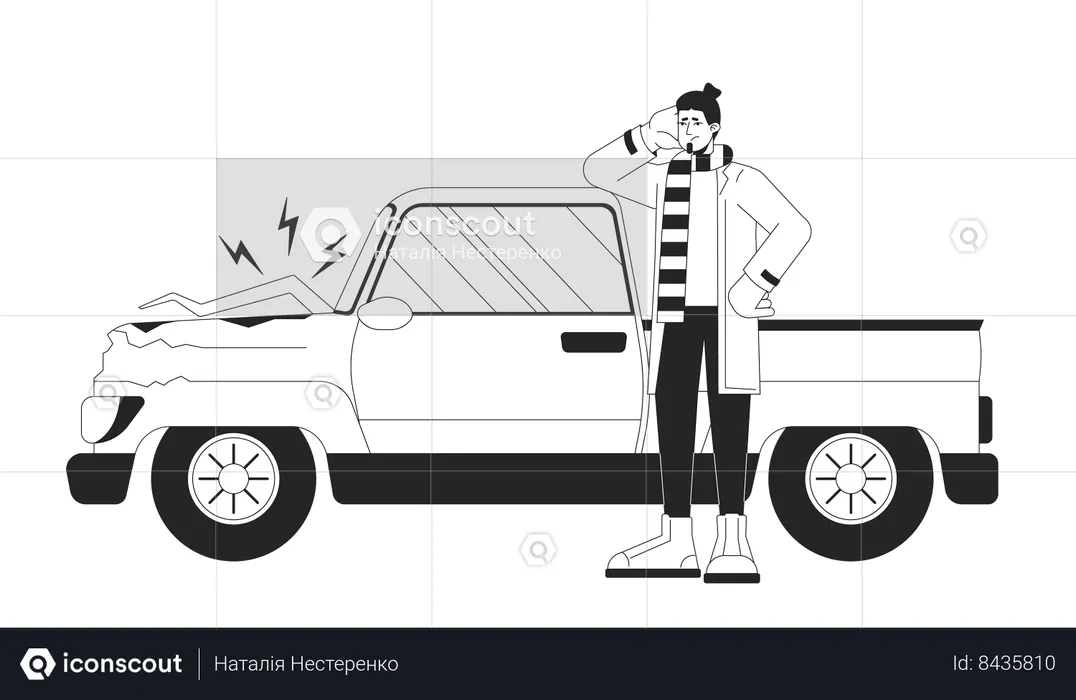 Caucasian sad man near broken vehicle  Illustration