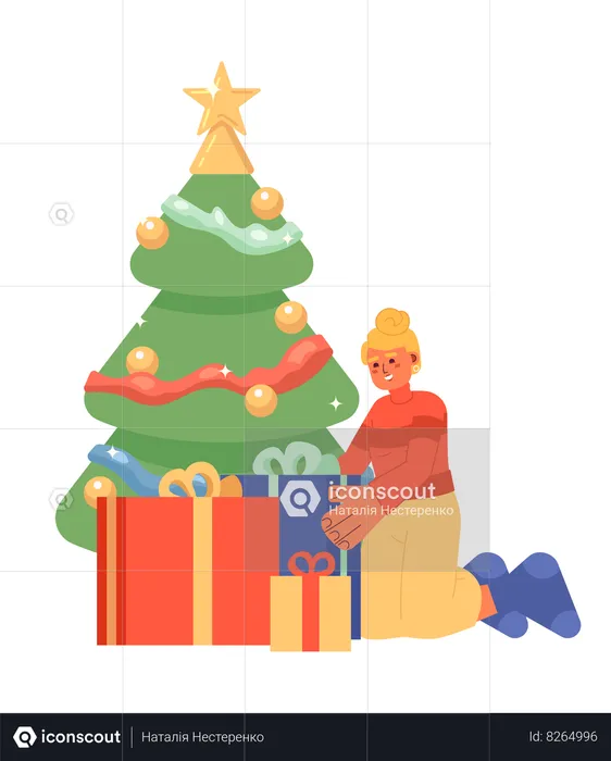 Caucasian woman wrapping gifts under Christmas tree  Illustration