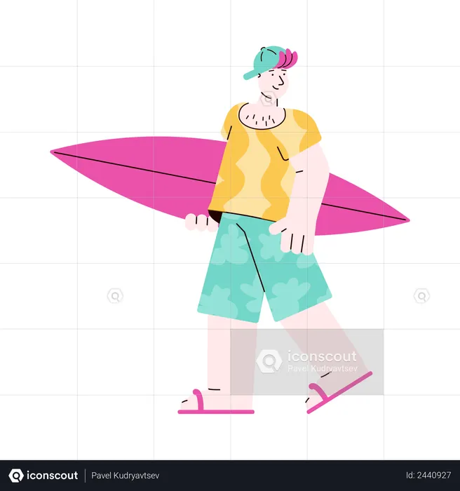 Caucasian young man surfer cartoon character standing with surfboard  Illustration