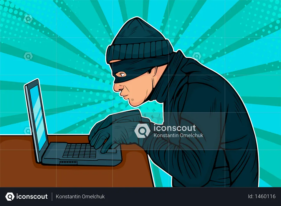 Ladrão hacker caucasiano invadindo um computador  Ilustração