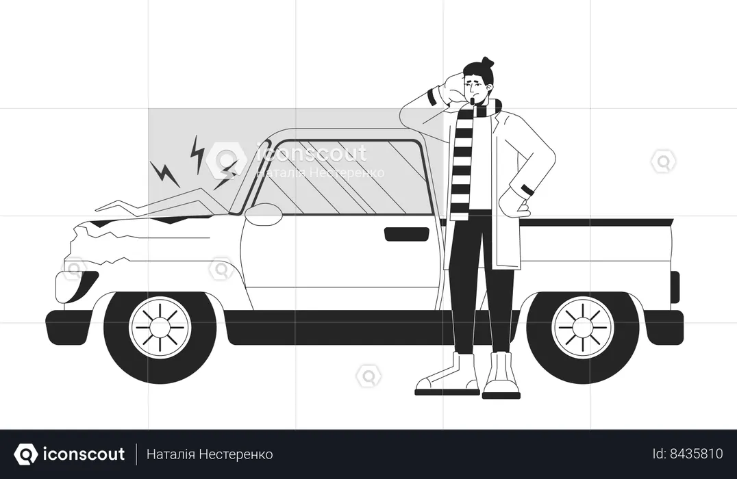 Hombre triste caucásico cerca de vehículo roto  Ilustración