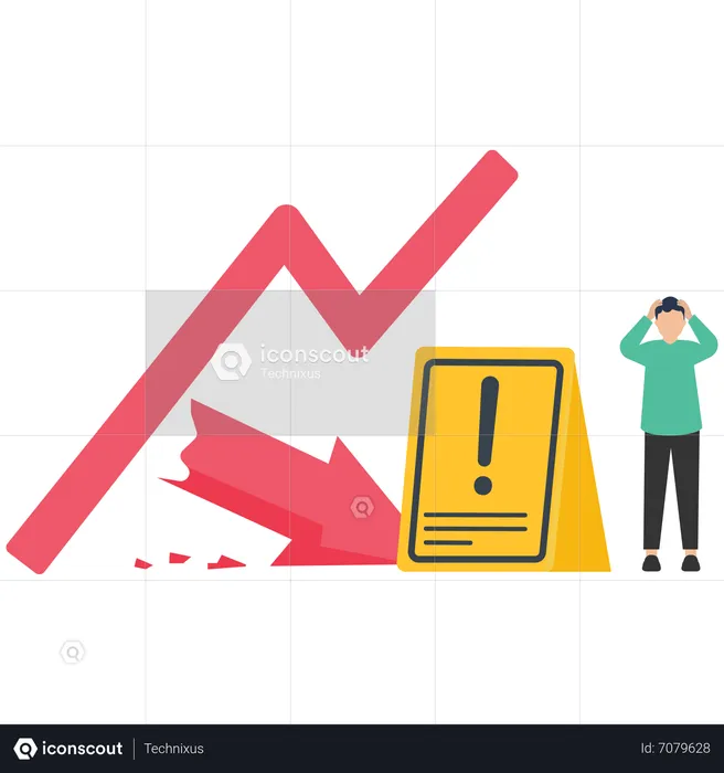 Caution in investing, The economic recession, Avoid investing during market crises, Deflation, inflation, Debt condition, market collapse, The arrow graph is broken down, investors panic  Illustration