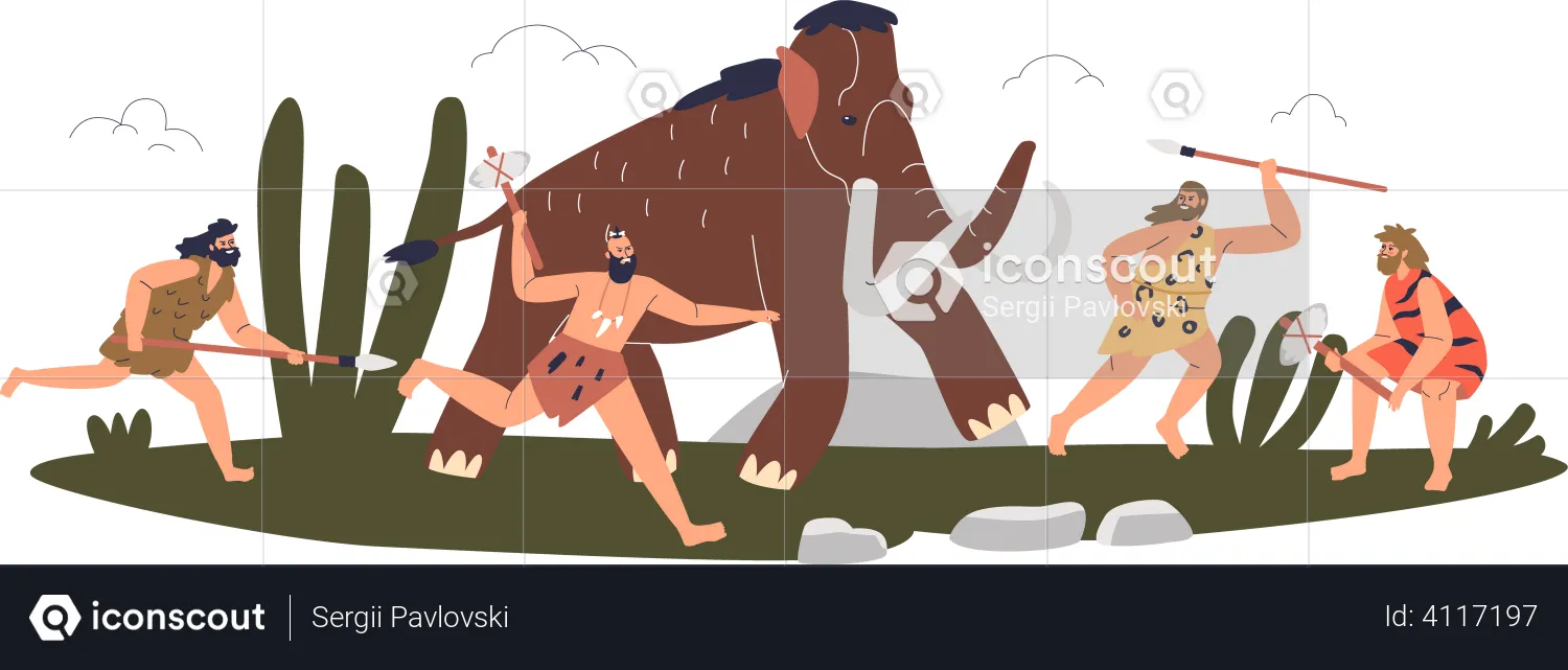 Cavemen hunters with spears and axes hunting mammoth  Illustration