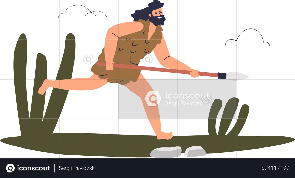 Cavemen with spear hunting  Illustration