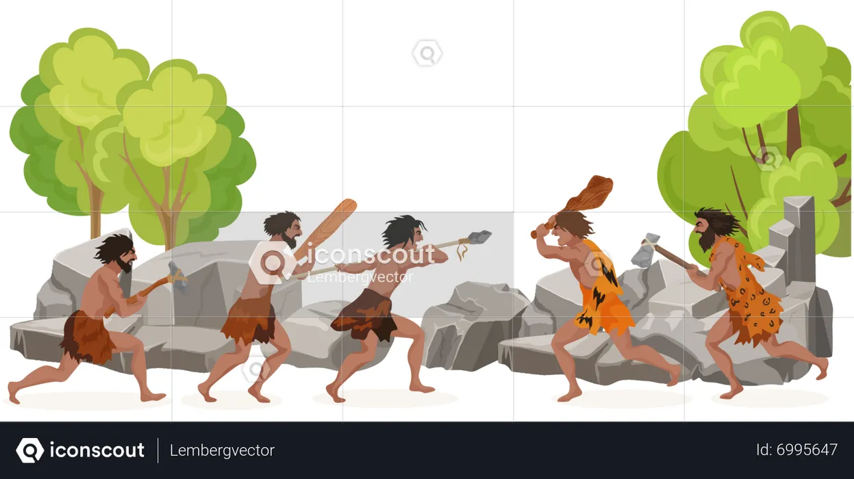 Cavemen with spear hunting  Illustration