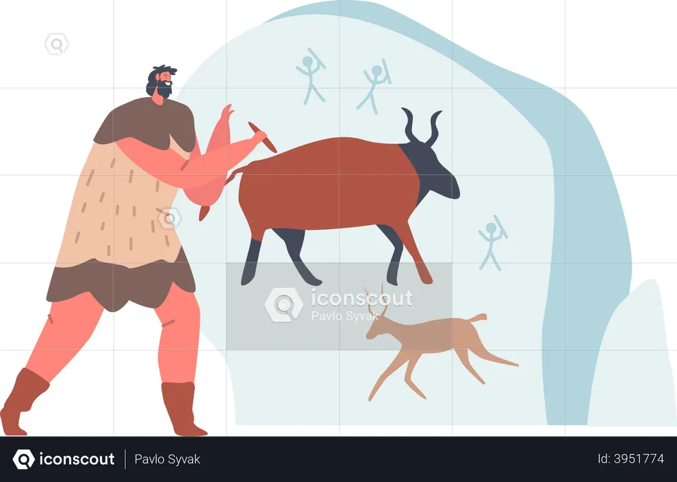 Cavernícola vistiendo pieles pintando animales en la pared de la cueva  Ilustración