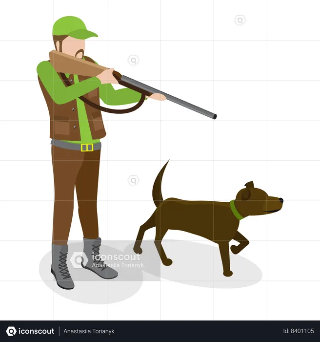 Cazador cazando junto con su perro  Ilustración