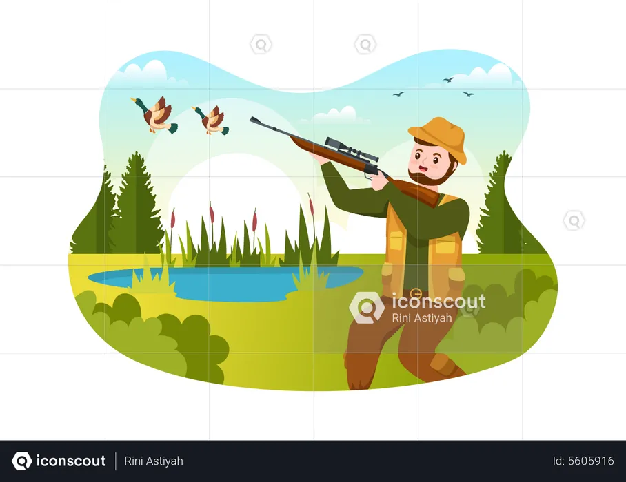 Cazador disparando pájaro  Ilustración