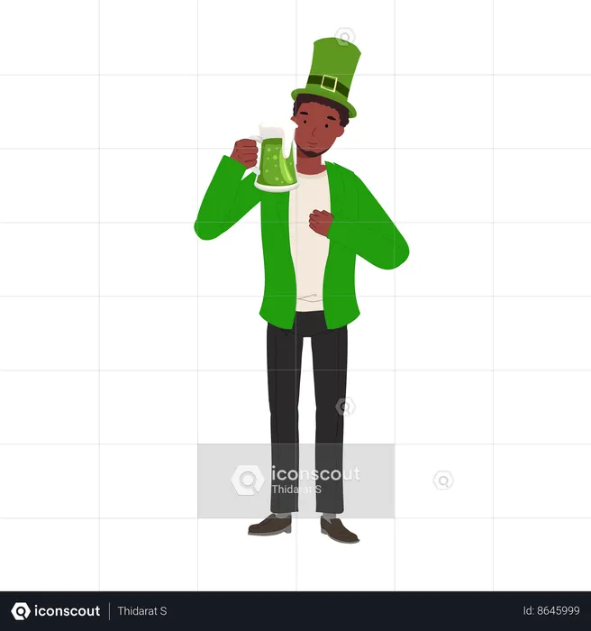 Celebración del día de San Patricio con cerveza verde, hombre sonriente celebrando con cerveza verde  Ilustración