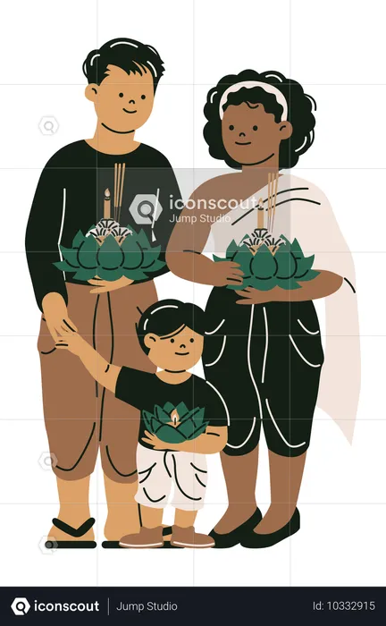 Familia celebrando el festival Loy Krathong  Ilustración