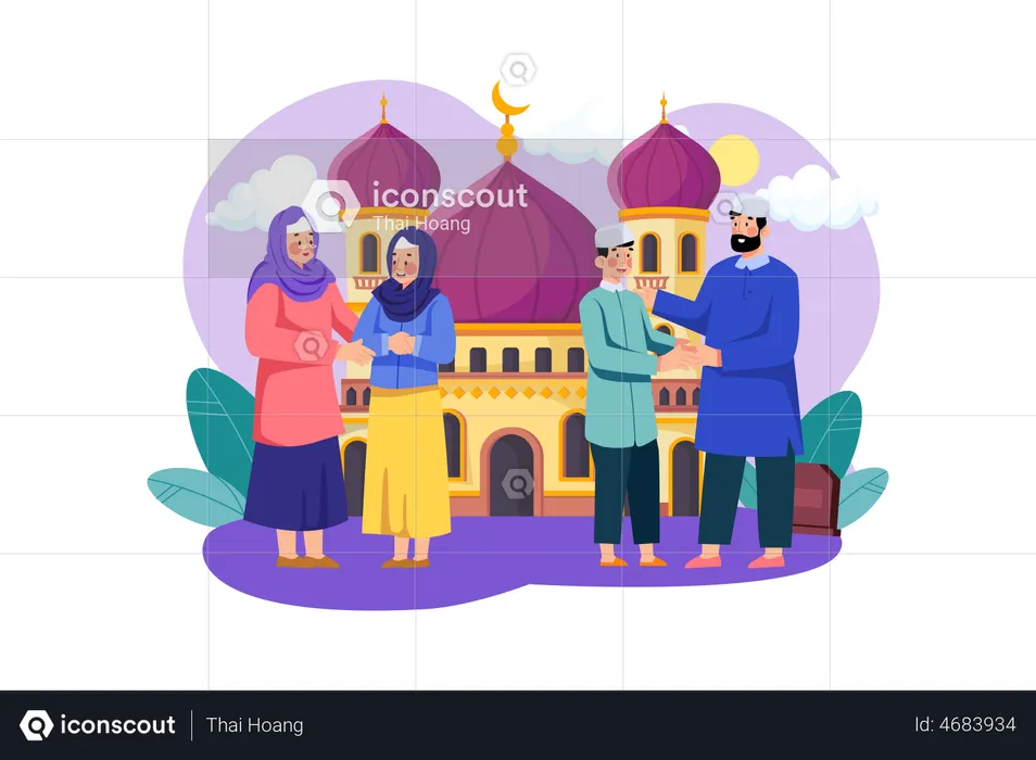 Celebrate Eid Mubarak in the front of mosque  Illustration