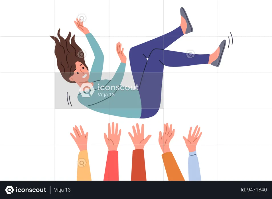 Celebrating and throwing up woman during birthday party or celebration for university students  Illustration