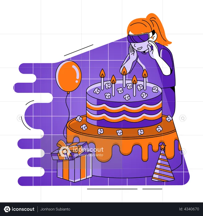 Celebrating birthday in metaverse using VR goggles  Illustration