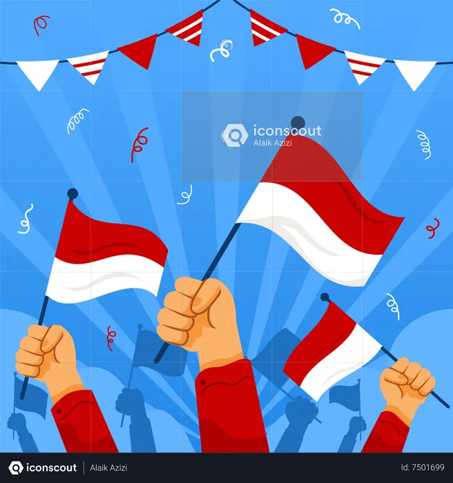Celebrating Indonesia independence day by rising national flag  Illustration