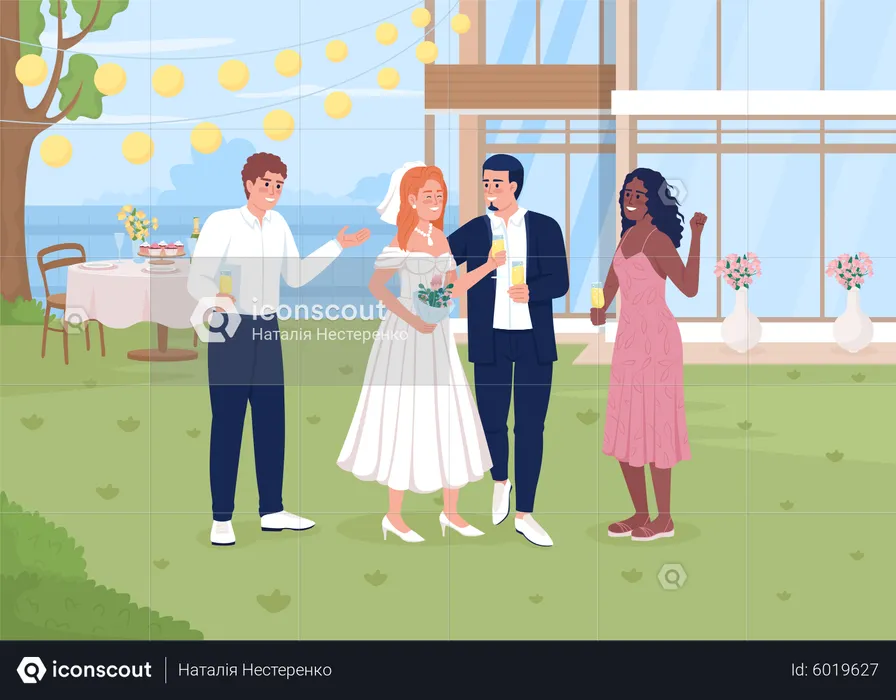 Celebrating wedding event in backyard  Illustration