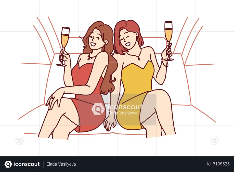 Celebrity women sit in luxury car with glasses filled with sparkling wine during party  Illustration