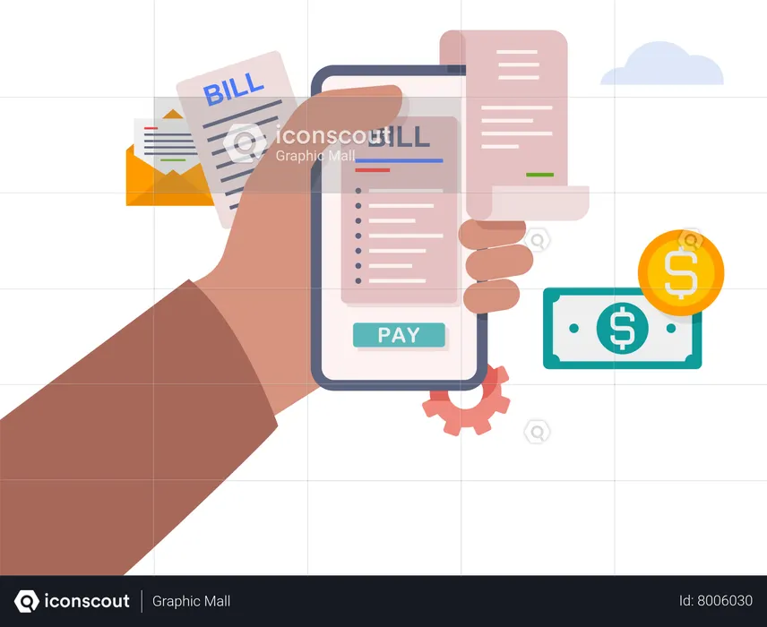 Mãos segurando um celular com pagamento de utilidade  Ilustração
