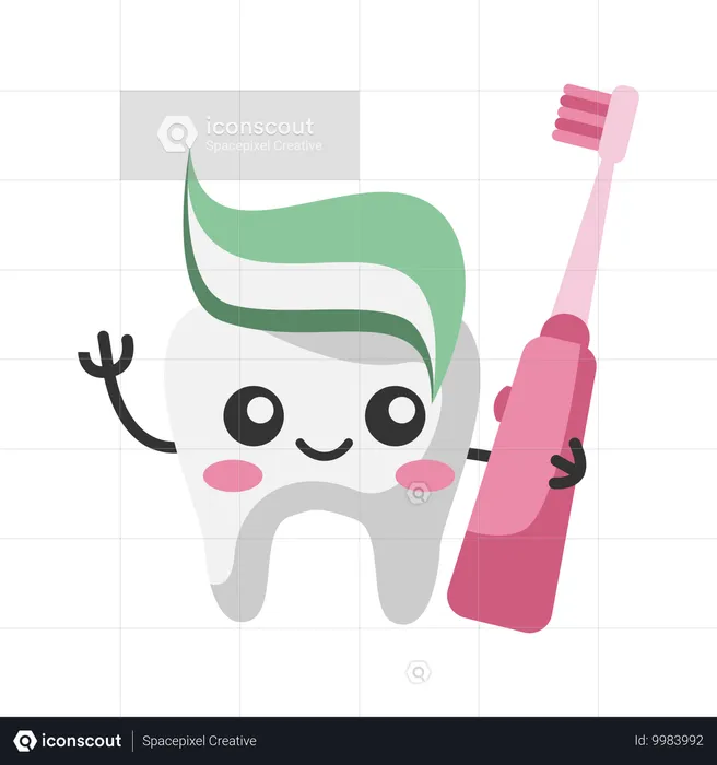 Diente sosteniendo cepillo de dientes para limpiar los dientes  Ilustración