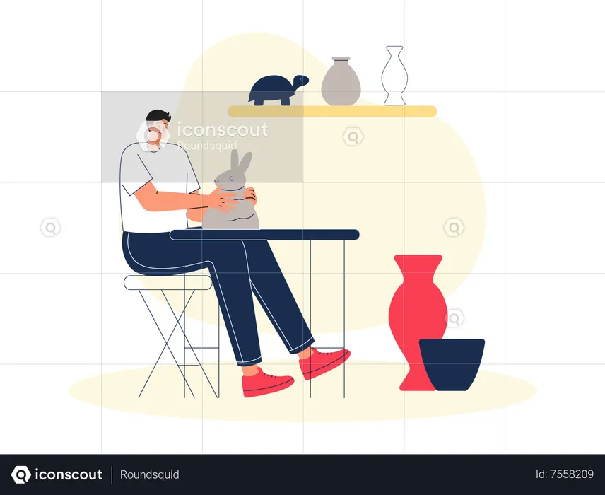 Ceramist making pot of raw clay on pottery wheel  Illustration