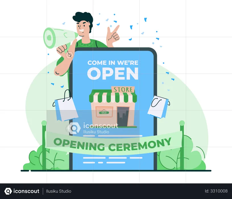 Cerimônia de inauguração da loja online  Ilustração