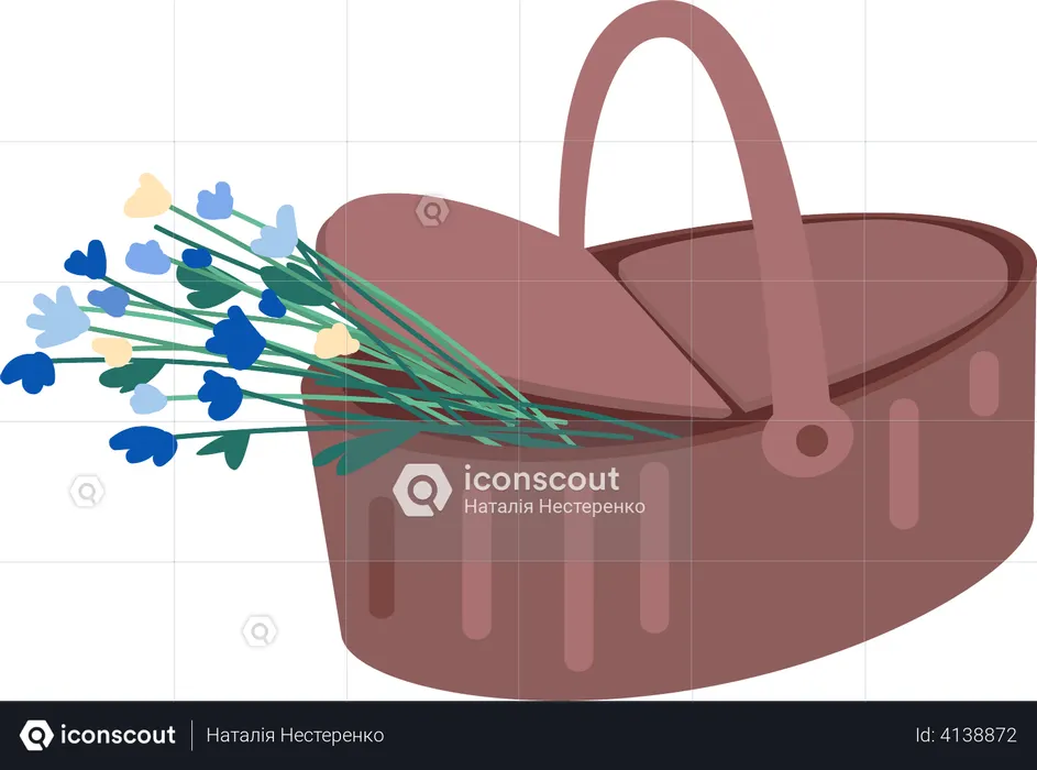 Cesta de piquenique com flores  Ilustração