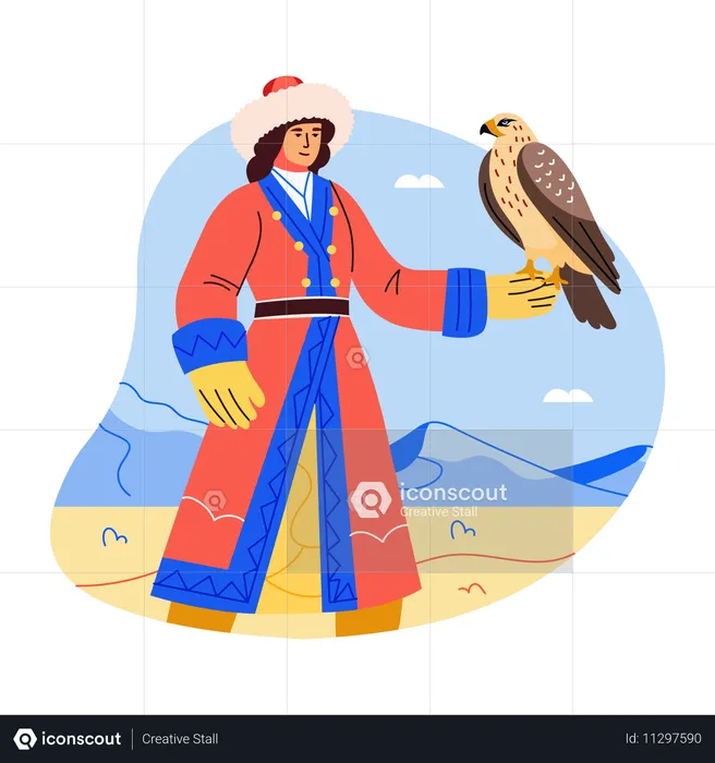 Cetrero, ornitólogo, entrenador de aves, mujer, personaje  Ilustración