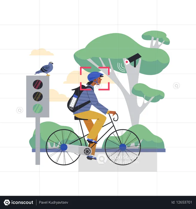CFTV ou vigilância por vídeo em público homem andando de bicicleta no parque  Ilustração