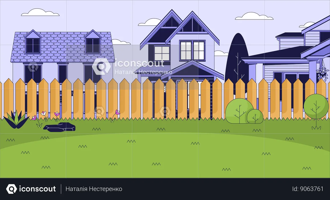 Quintal de casa de campo com gramado verde  Ilustração