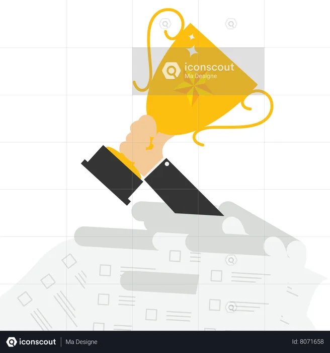 Champion businessman holding in hand prize achievement reward trophy  Illustration