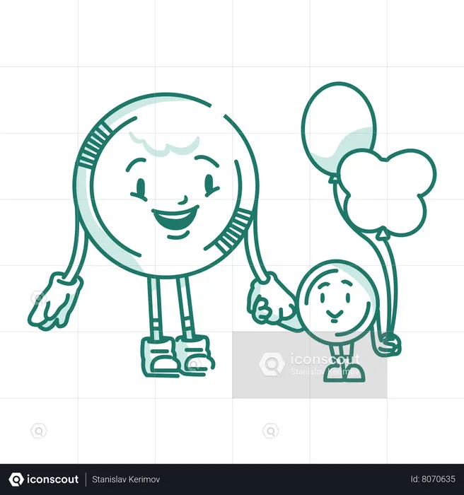 Character Coin Walking With Baby  Illustration