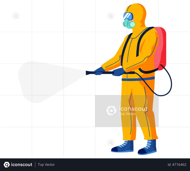 Character in protective outfit isolated on white background. Man sprays disinfectant liquid  Illustration