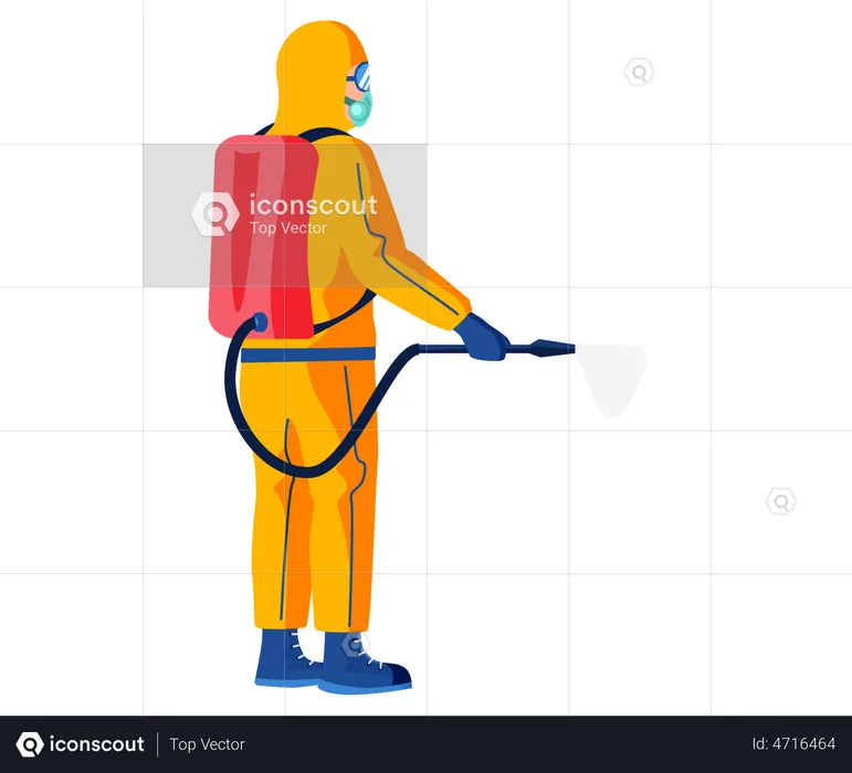 Character in protective outfit isolated on white background. Man sprays disinfectant liquid  Illustration