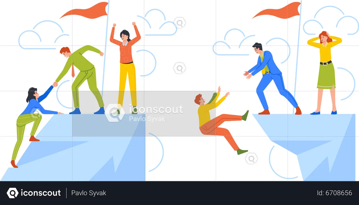 Characters Climb The Mountain Top And Fall Down From Rock Edge  Illustration