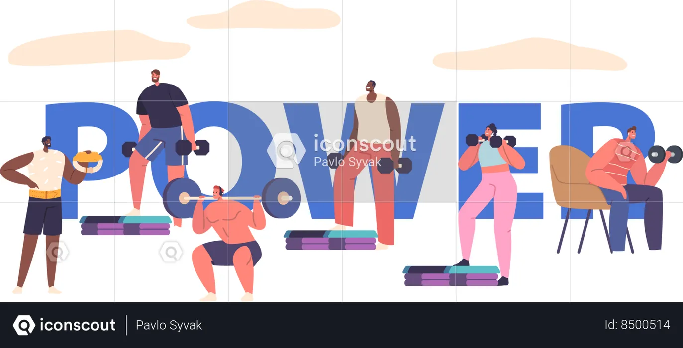 Characters Exerting Strength Lifting Weights In The Gym  Illustration
