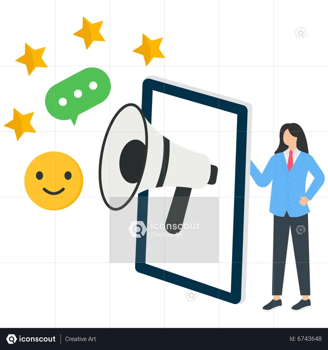 Characters giving helpdesk service five stars and emoji  Illustration